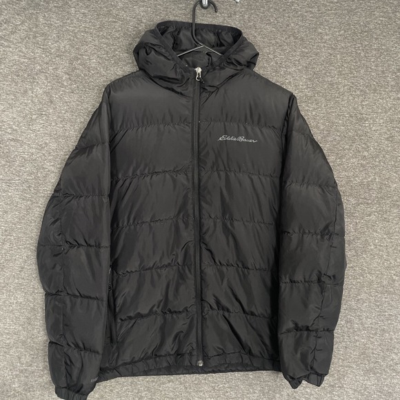 Eddie Bauer Wide‎ Channel Hooded Down Jacket Mens Medium Black EB 650 Goose - Picture 1 of 9